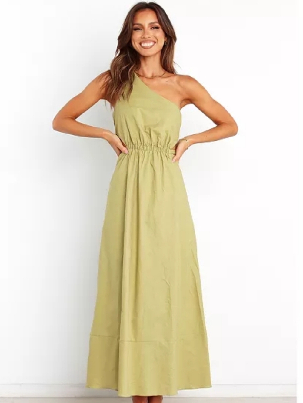 Petal & Pup One-Shoulder Olive Green Maxi Dress